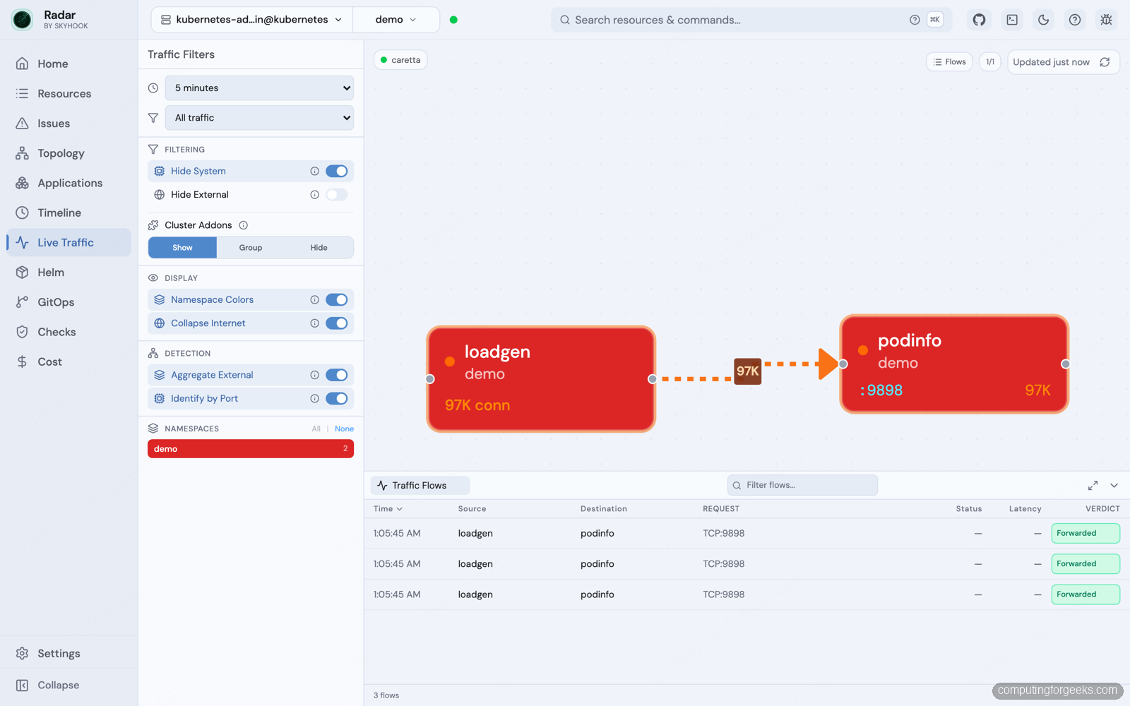 Radar: Open Source Kubernetes UI With Topology and MCP 7 Radar live traffic eBPF service map showing loadgen to podinfo connections captured by caretta