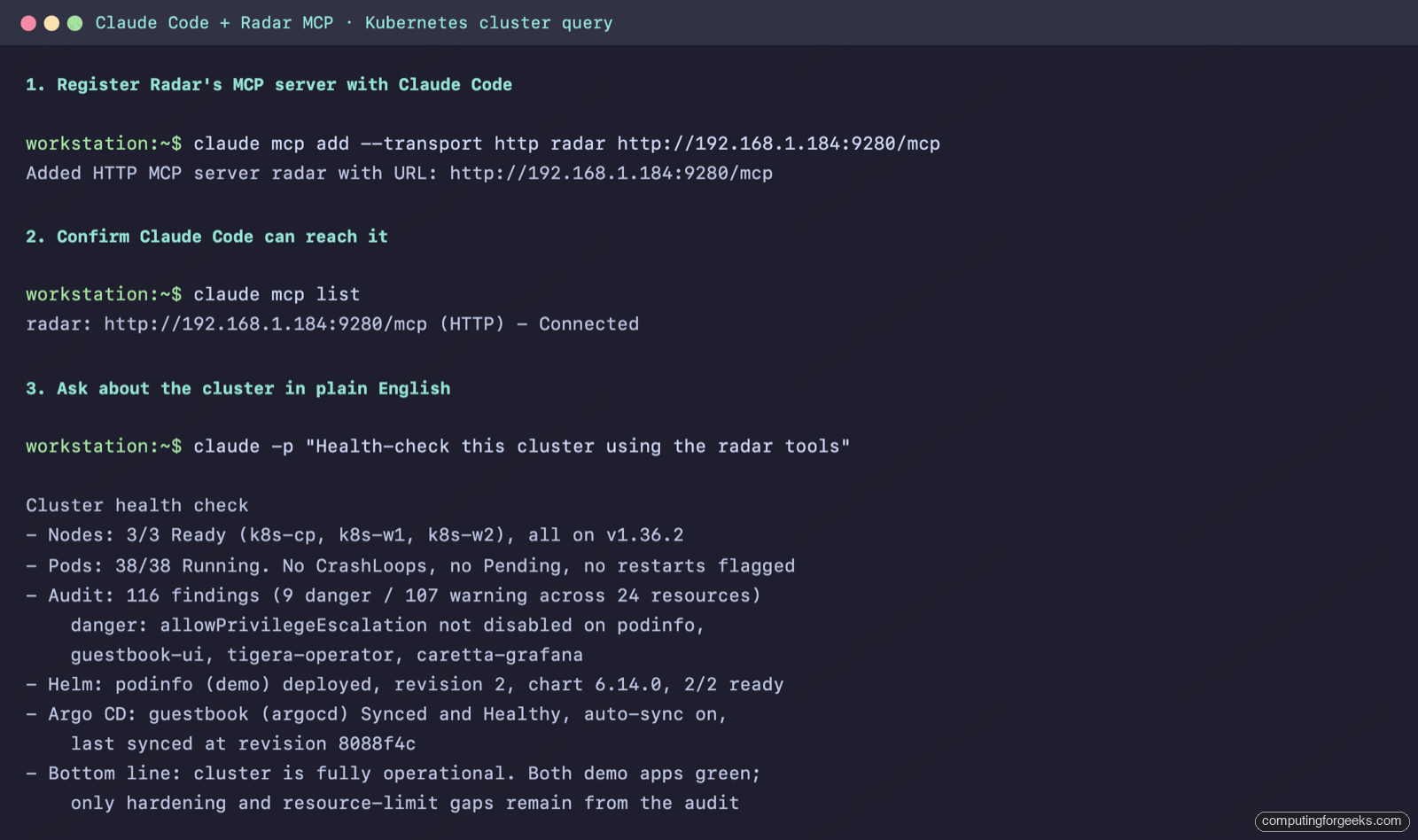 Radar: Open Source Kubernetes UI With Topology and MCP 9 Claude Code querying a Kubernetes cluster health check through the Radar MCP server