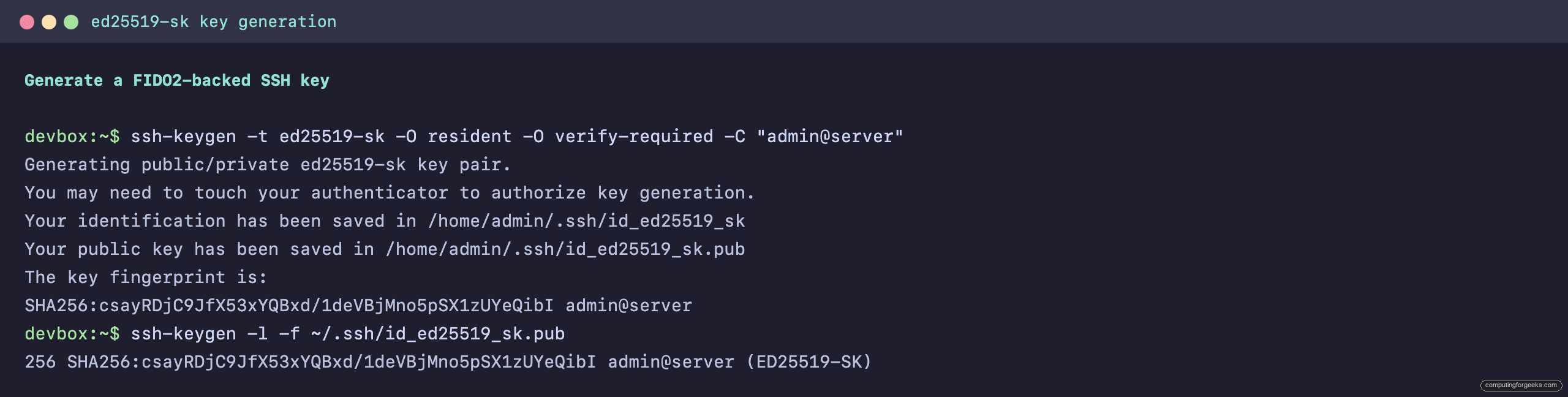 Terminal showing ssh-keygen -t ed25519-sk generating a FIDO2-backed SSH key on Ubuntu