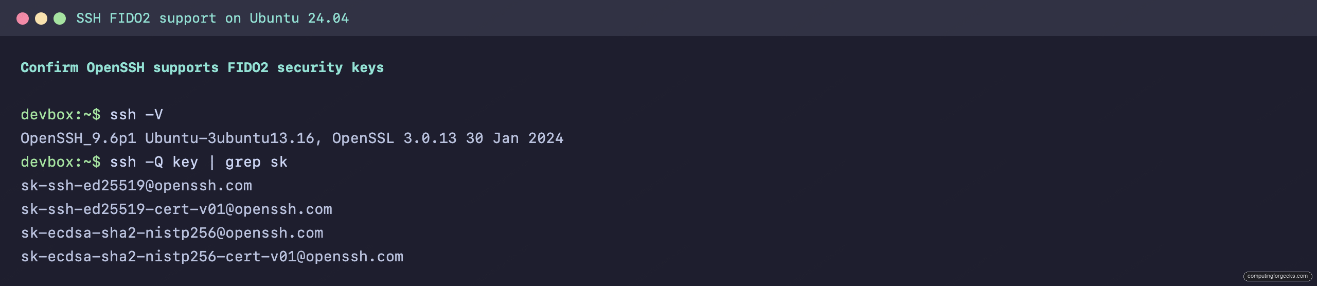 Terminal showing ssh -V and ssh -Q key confirming sk-ssh-ed25519 FIDO2 support on Ubuntu 24.04