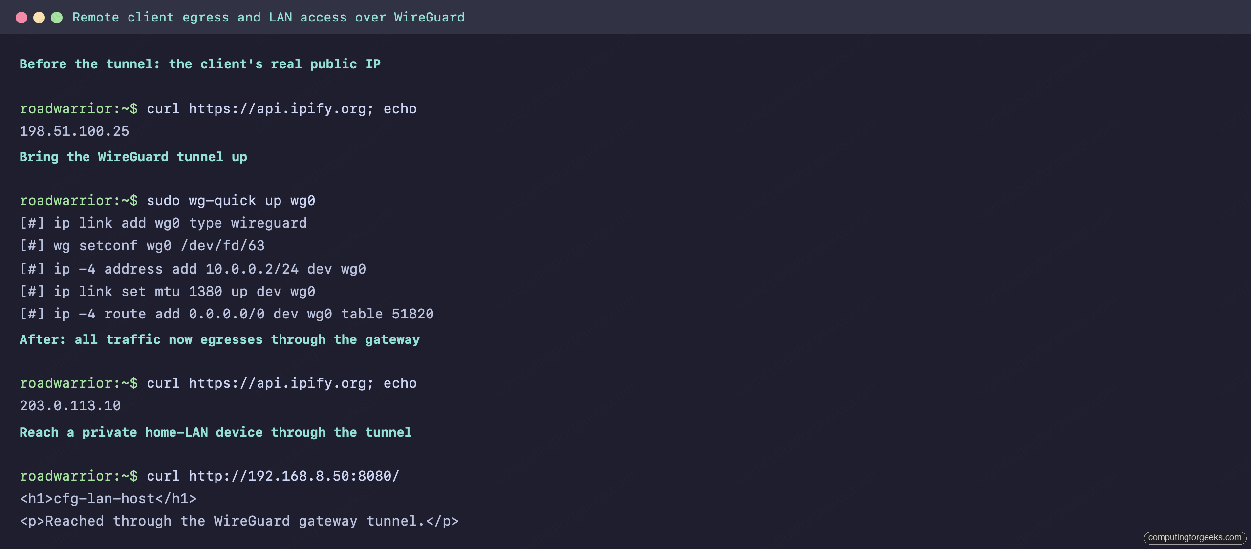 Self-Hosted WireGuard Gateway on a GL.iNet Brume 2 2 Remote WireGuard client showing its public IP change to the gateway address and reaching a private home-LAN device through the tunnel