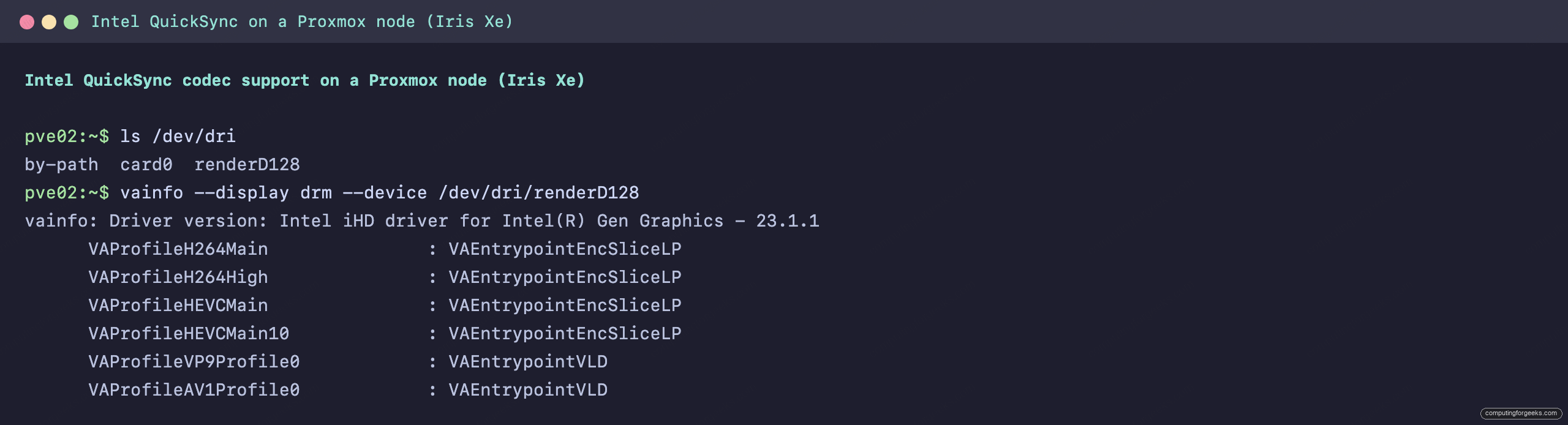 AMD vs Intel for a Homelab Build: Which Platform to Choose 1 vainfo output on an Intel Iris Xe Proxmox node showing QuickSync H.264 and HEVC hardware encode and AV1 decode support