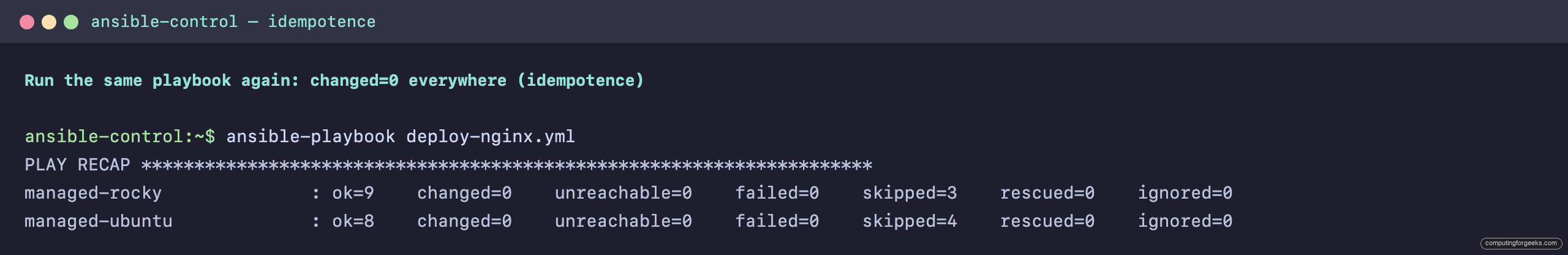 Your First Ansible Playbook: Step-by-Step Guide 2 ansible-playbook second run PLAY RECAP with changed=0 on Rocky Linux and Ubuntu proving idempotence