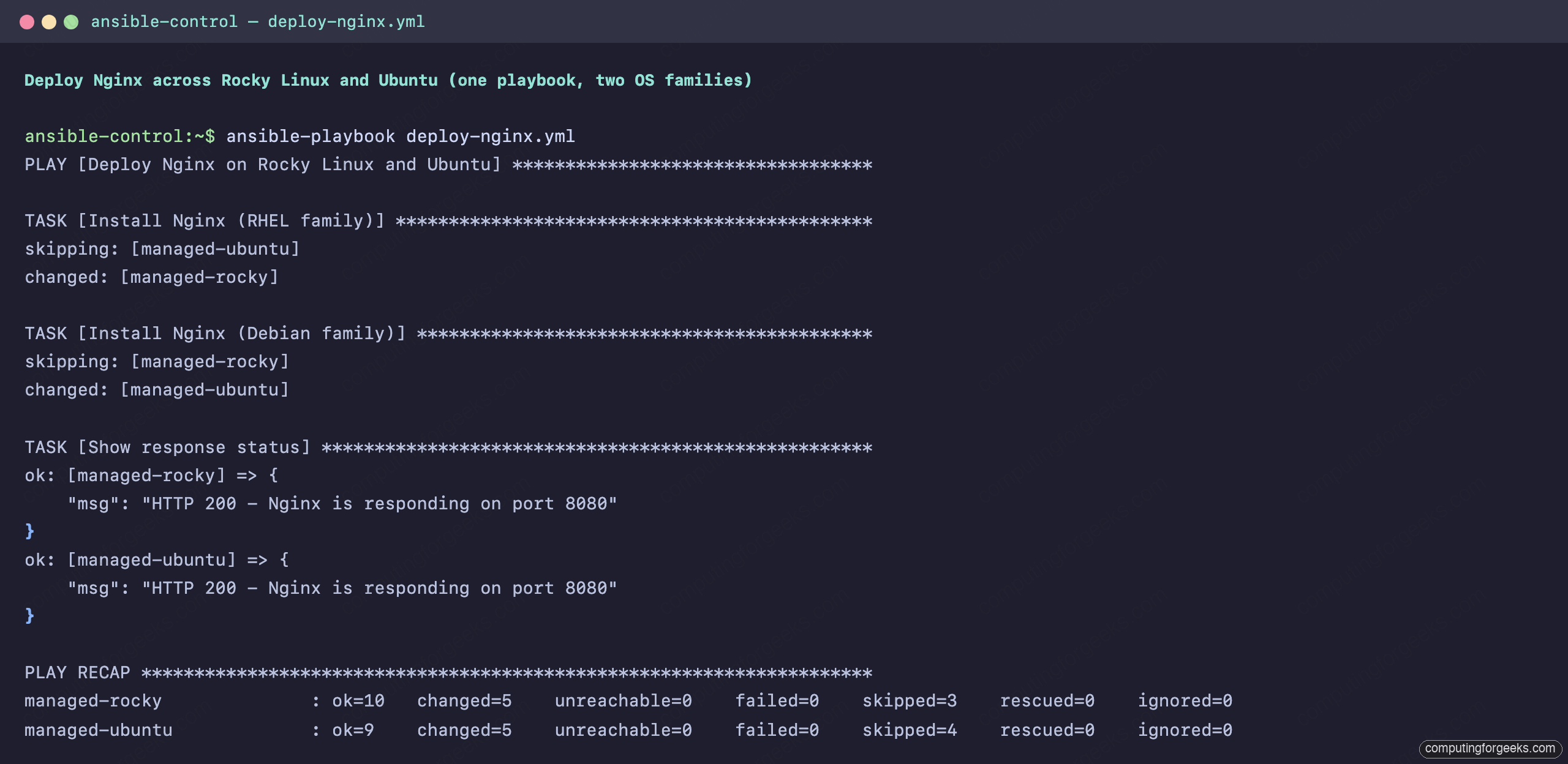 Your First Ansible Playbook: Step-by-Step Guide 1 ansible-playbook deploy-nginx.yml run showing skipped and changed tasks and PLAY RECAP on Rocky Linux and Ubuntu