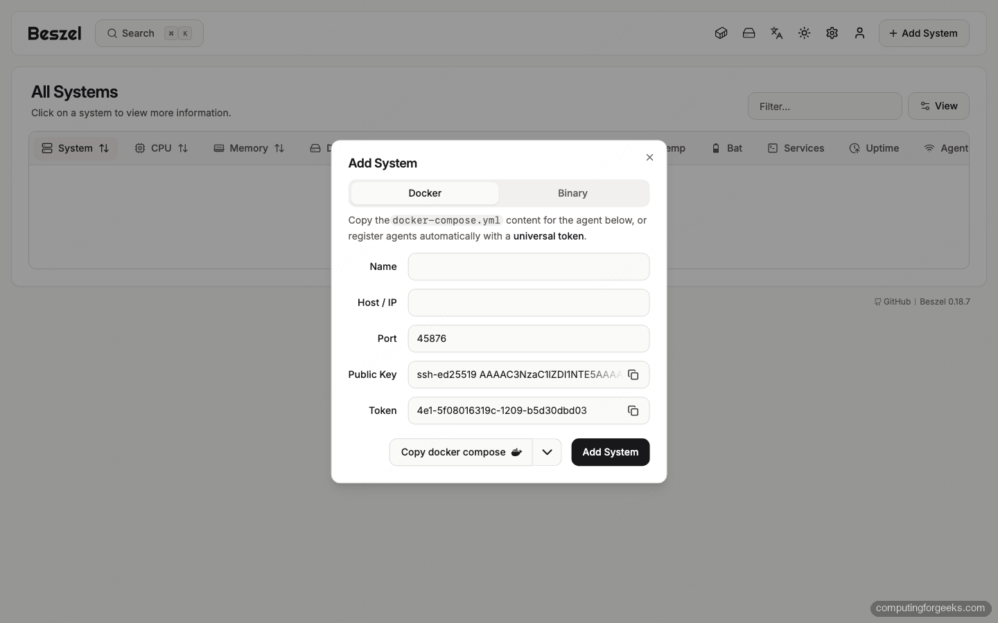Install Beszel for Lightweight Server and Docker Monitoring 1 Beszel Add System dialog showing the public key, token, and Docker or Binary install tabs