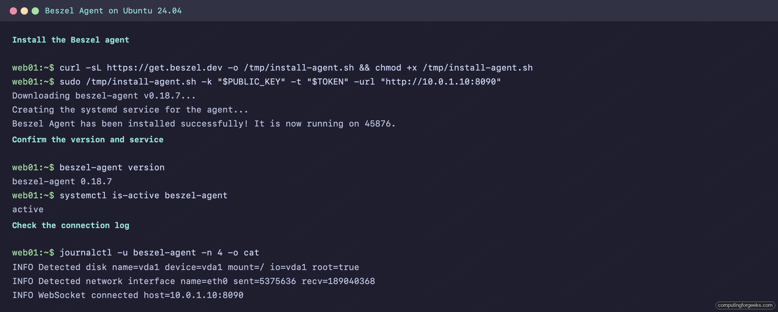 Install Beszel for Lightweight Server and Docker Monitoring 3 Terminal showing the Beszel agent install, version 0.18.7, active service, and WebSocket connected to the hub