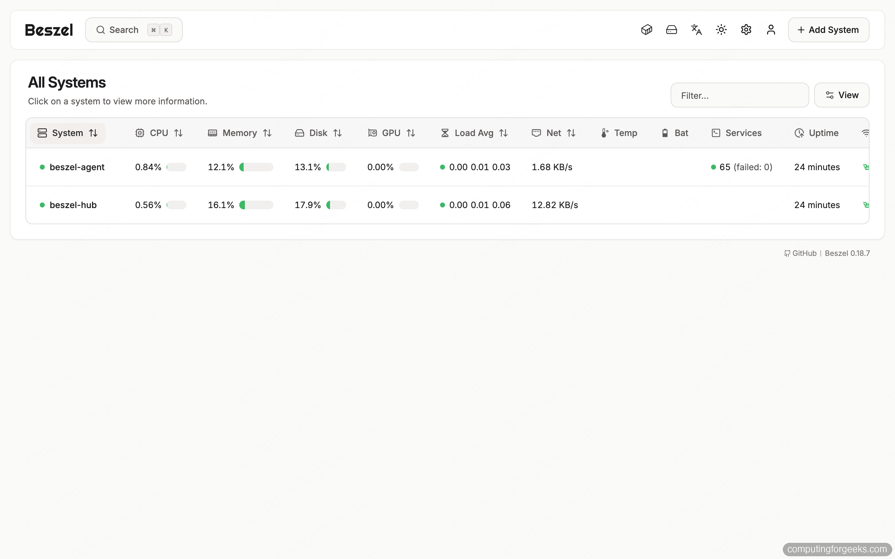 Install Beszel for Lightweight Server and Docker Monitoring 4 Beszel dashboard listing two systems with live CPU, memory, disk, load average, network, and services