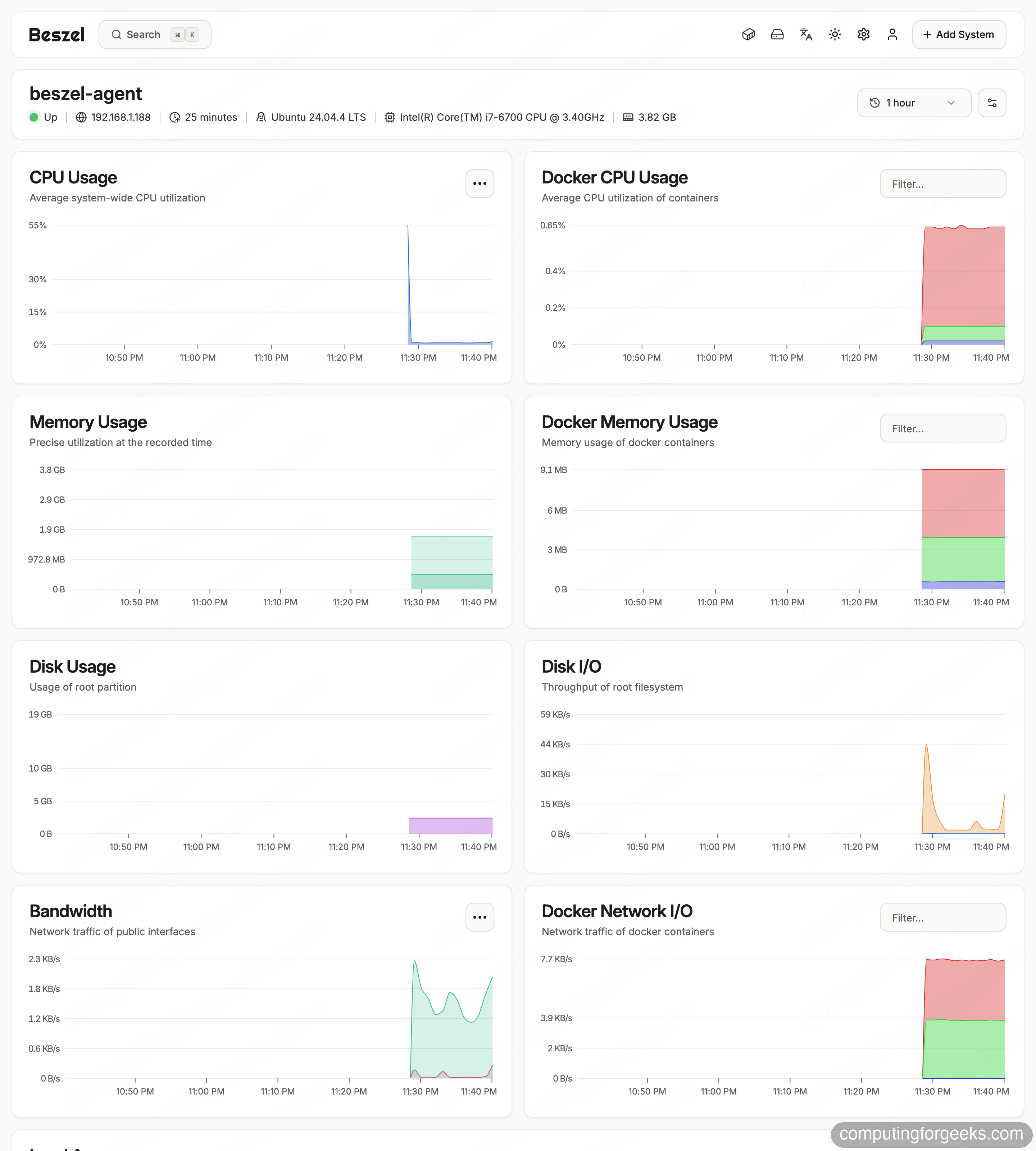 Install Beszel for Lightweight Server and Docker Monitoring 5 Beszel system detail page with CPU, memory, disk charts beside stacked per-container Docker CPU, memory, and network graphs
