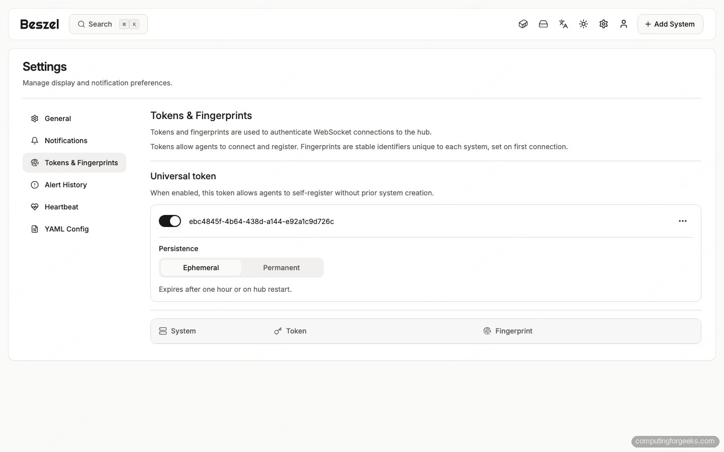 Install Beszel for Lightweight Server and Docker Monitoring 2 Beszel Tokens and Fingerprints settings with the universal token enabled and persistence options