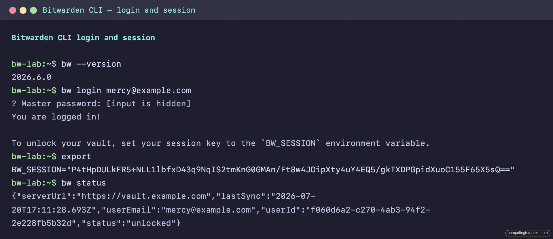 How to Use Bitwarden CLI (bw) with Practical Examples 1 Bitwarden CLI login with master password, BW_SESSION export and unlocked status on Ubuntu