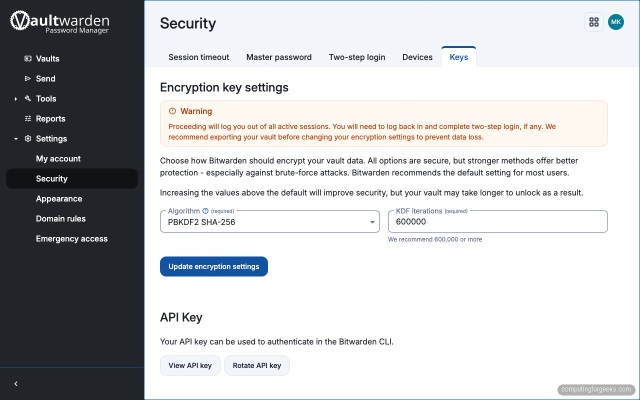 How to Use Bitwarden CLI (bw) with Practical Examples 2 Bitwarden web vault Security Keys page with View API key and Rotate API key buttons