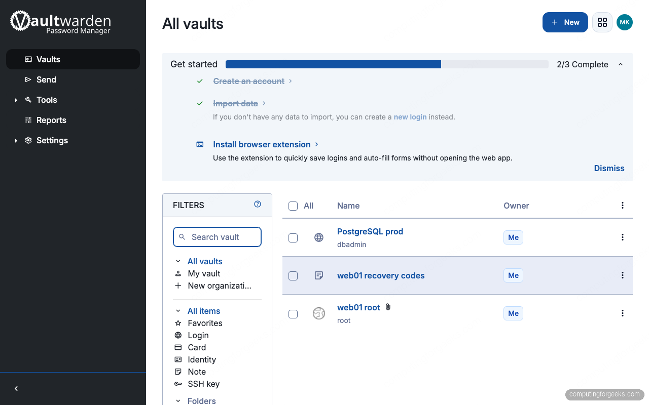 How to Use Bitwarden CLI (bw) with Practical Examples 4 Bitwarden web vault showing login items, secure note and attachment created from the CLI