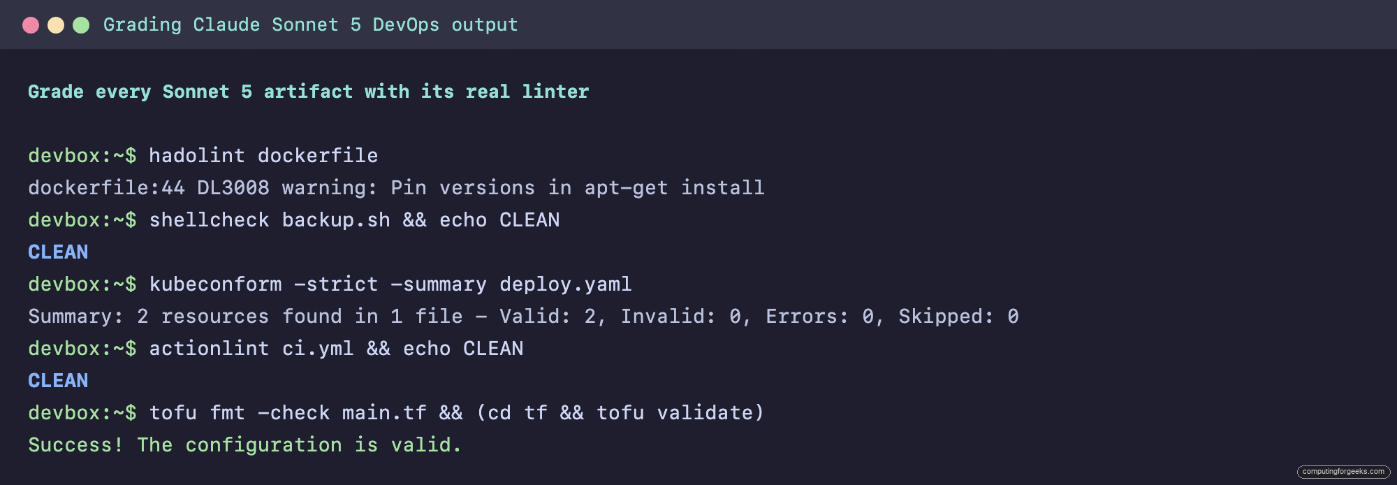 Claude Sonnet 5 Released: Features, Benchmarks, and Pricing 1 Claude Sonnet 5 DevOps output graded with hadolint, shellcheck, kubeconform, actionlint and tofu