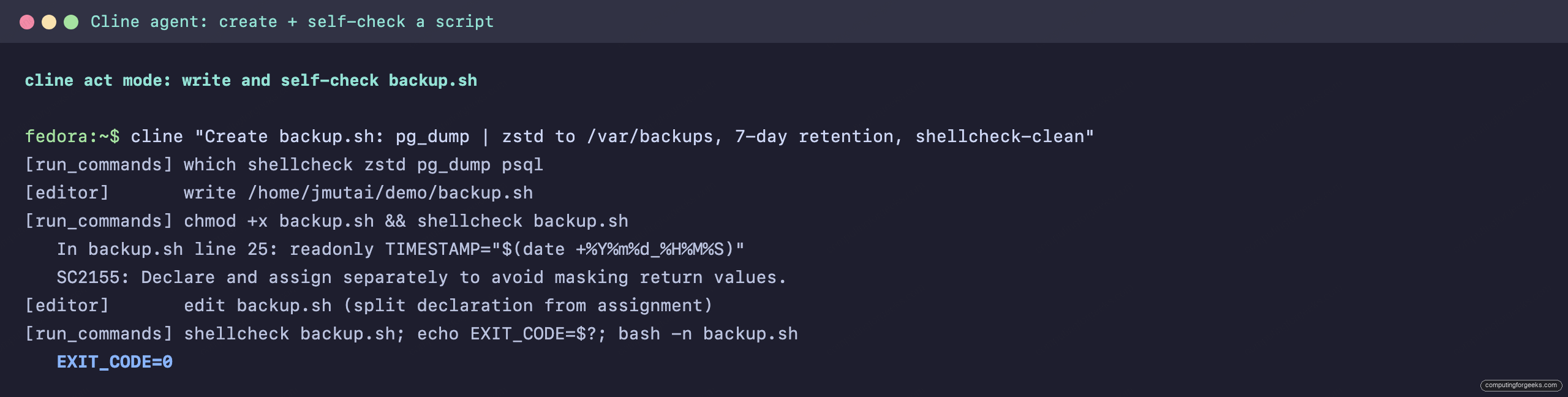 Cline CLI: the Open-Source AI Coding Agent in Your Terminal 2 Cline CLI act mode writing backup.sh, catching a shellcheck SC2155 warning, and fixing it to exit code 0
