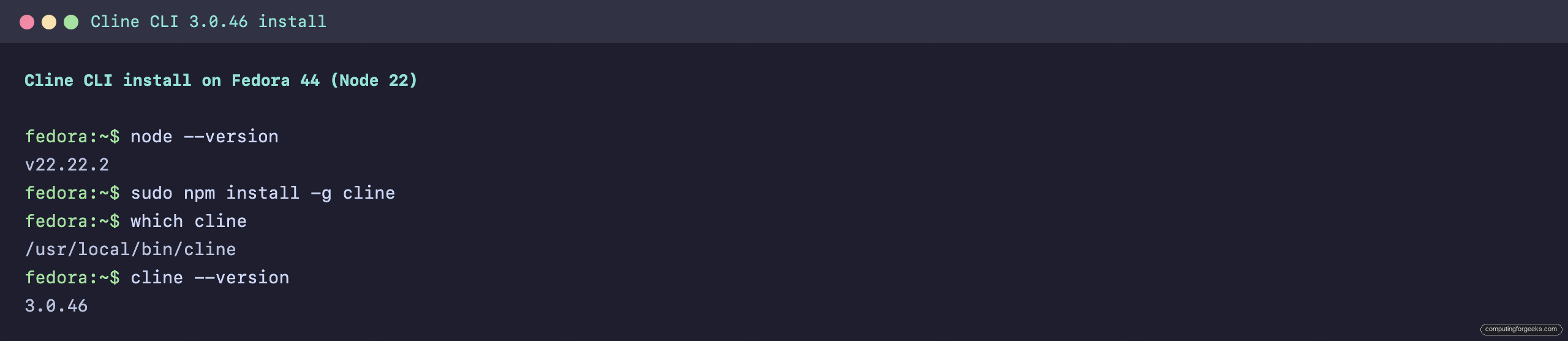 Cline CLI: the Open-Source AI Coding Agent in Your Terminal 1 Installing the Cline CLI 3.0.46 with npm on Fedora and checking the version