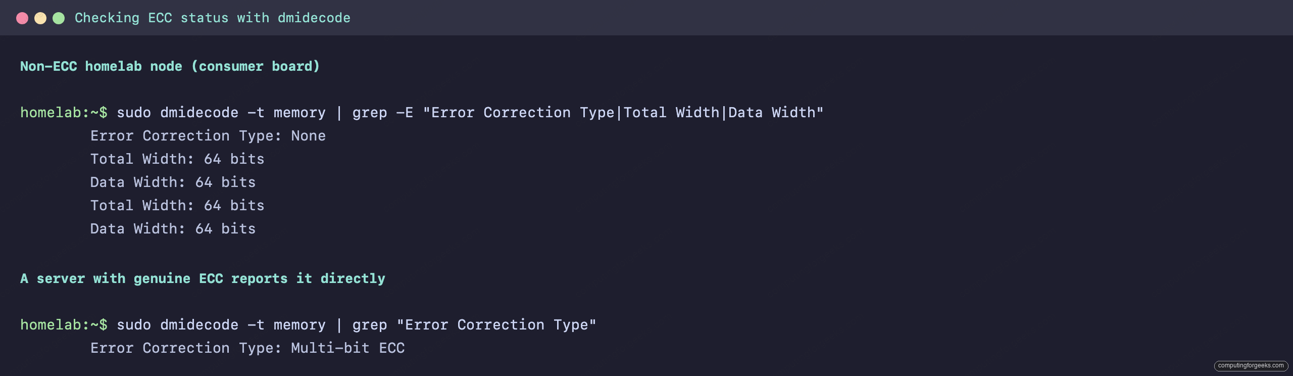 ECC RAM for a Homelab: Do You Actually Need It 1 dmidecode output showing Error Correction Type None on a non-ECC homelab node and Multi-bit ECC on a server