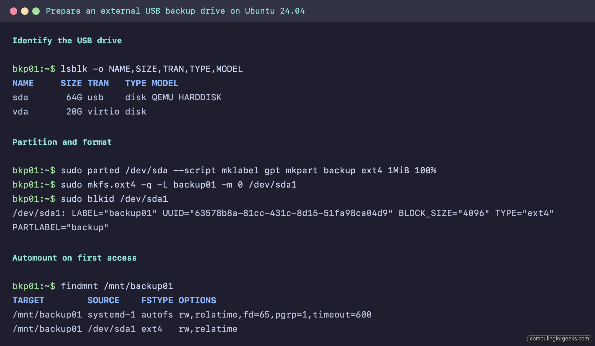 Partition, format and UUID automount an external USB backup drive on Ubuntu 24.04