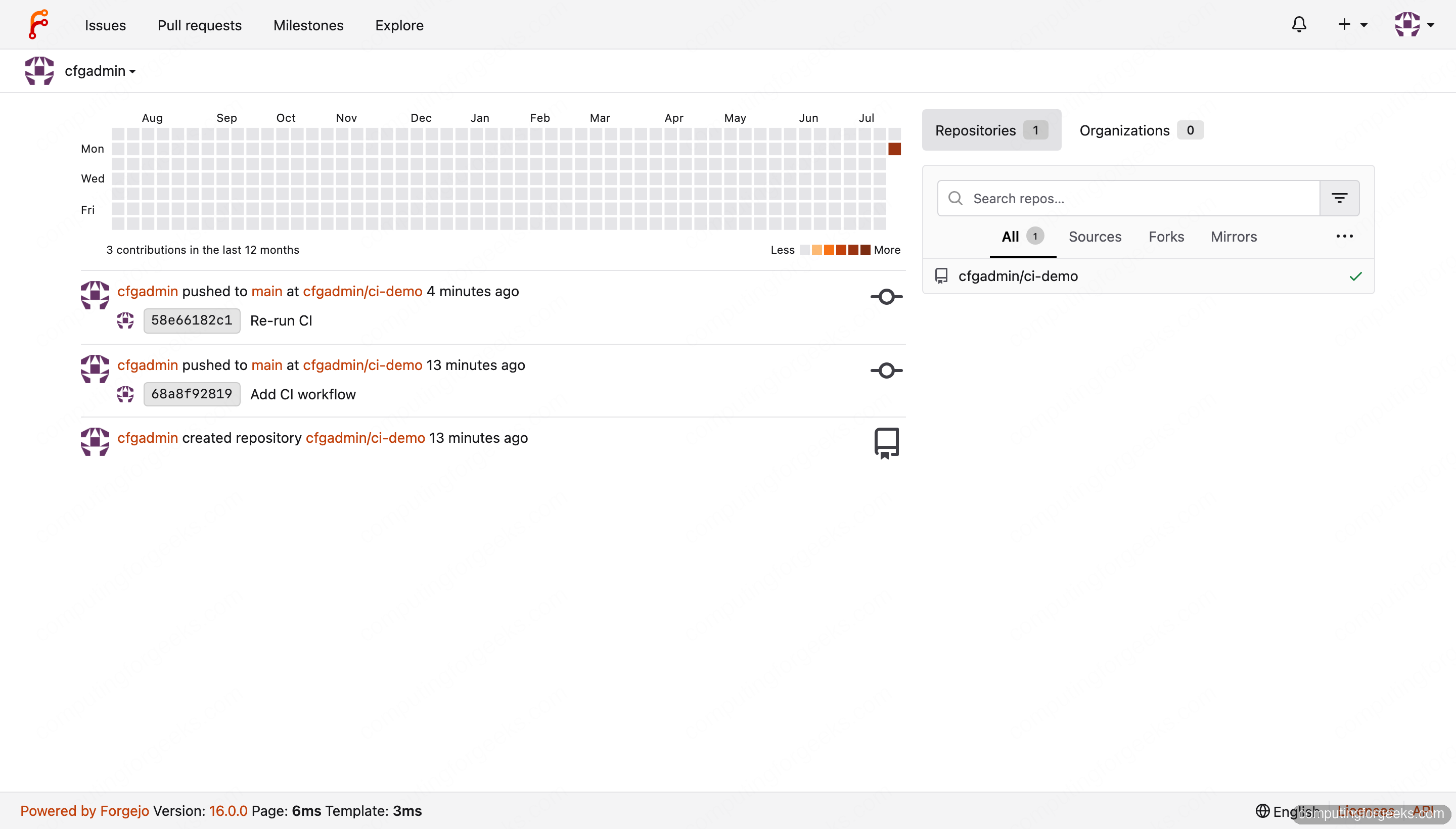 Install Forgejo and Set Up CI with Forgejo Actions 3 Forgejo dashboard with contribution graph, push activity, and the ci-demo repository
