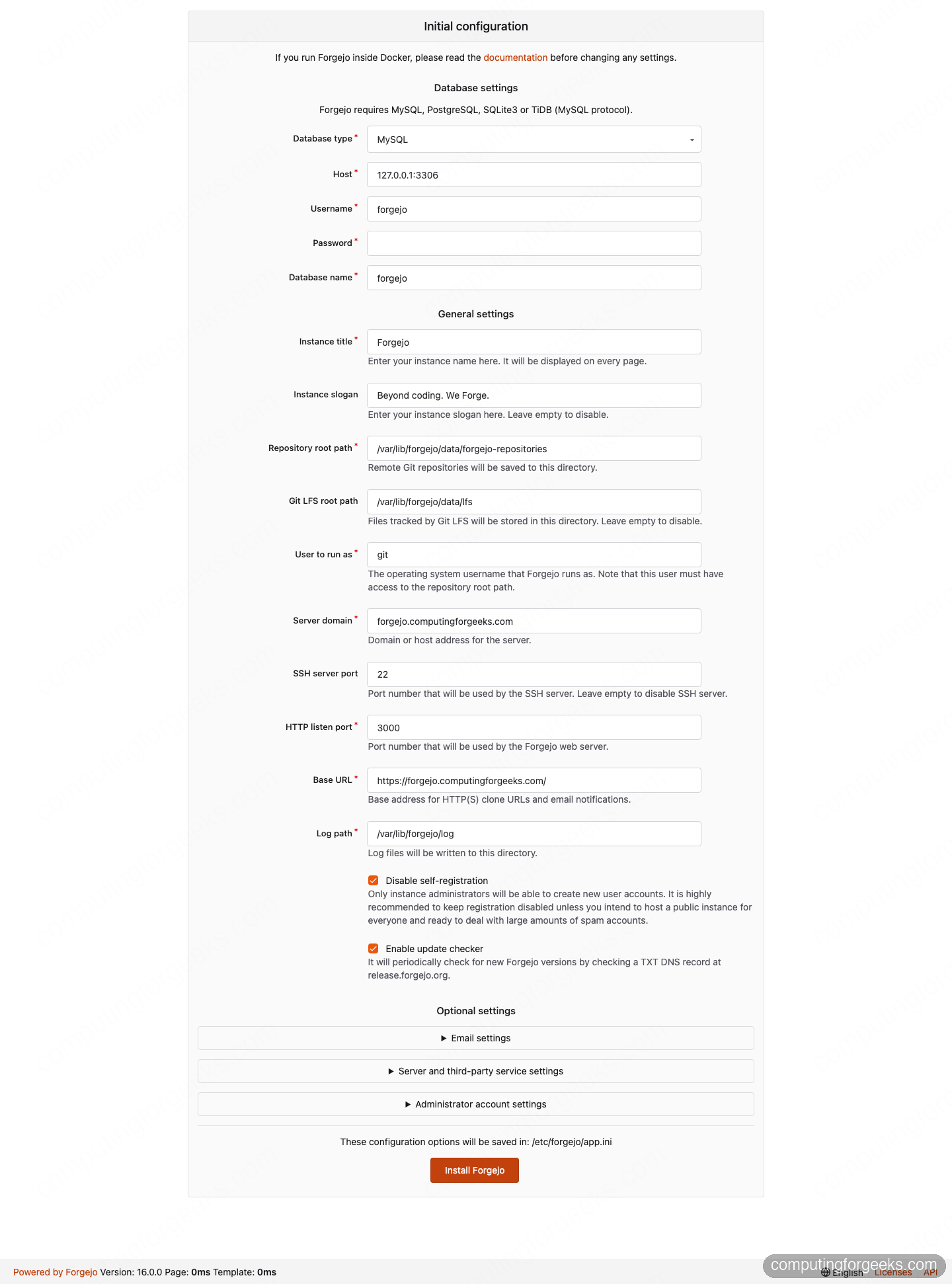 Install Forgejo and Set Up CI with Forgejo Actions 2 Forgejo initial configuration wizard showing database settings, domain, and base URL