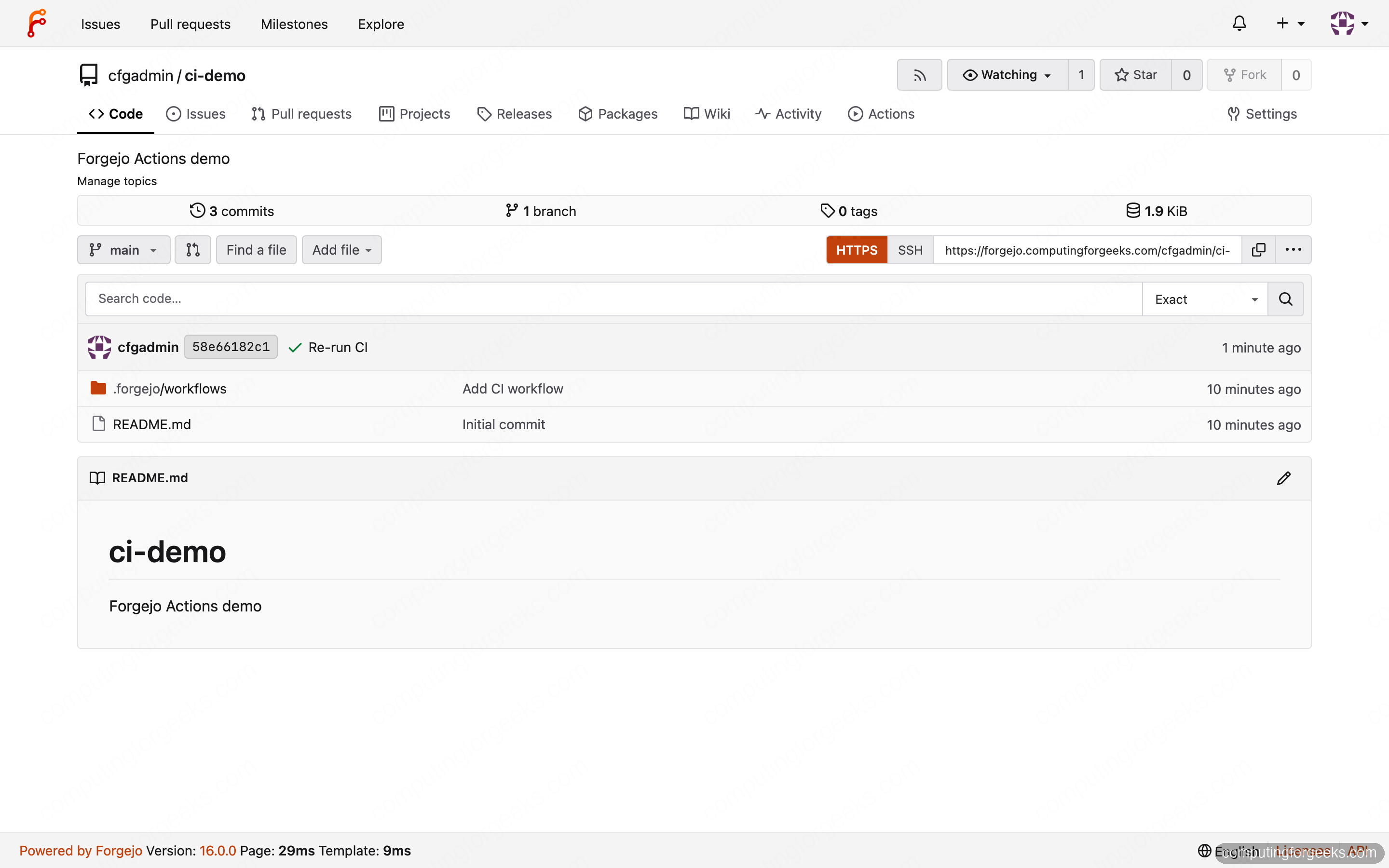Install Forgejo and Set Up CI with Forgejo Actions 5 Forgejo repository page showing the .forgejo/workflows directory and HTTPS clone URL
