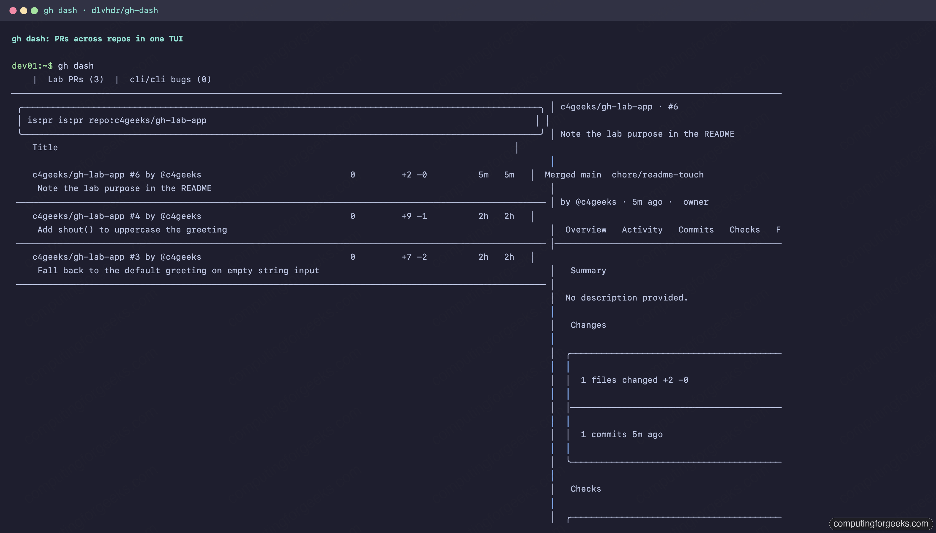 gh dash terminal dashboard listing pull requests with a detail sidebar