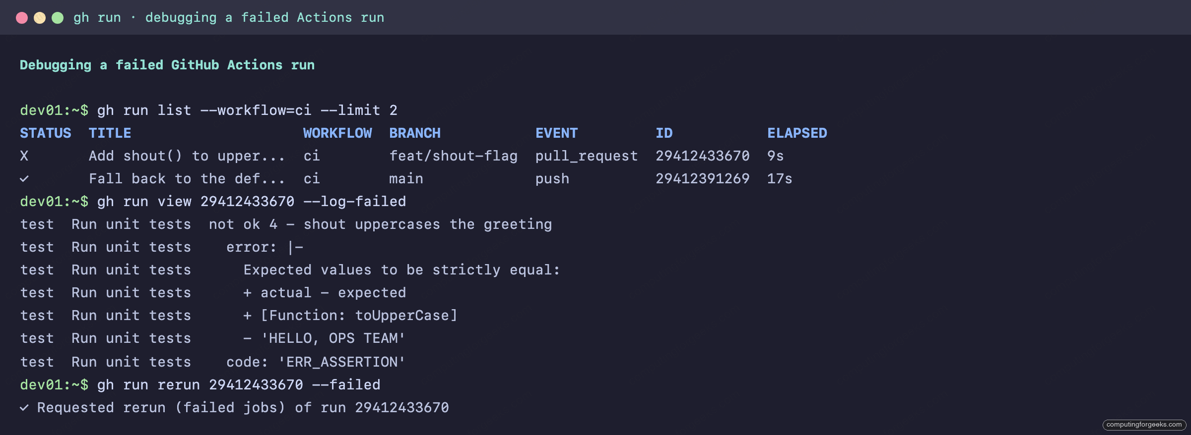 gh run list showing a failed run and gh run view log-failed printing the failing assertion