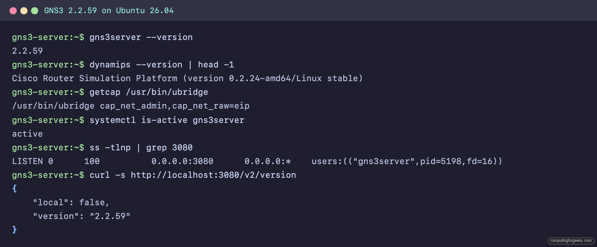 Install GNS3 on Ubuntu 26.04 / 24.04 (Server + Web UI) 1 GNS3 server 2.2.59 version check, ubridge capabilities, and systemd service status on Ubuntu 26.04