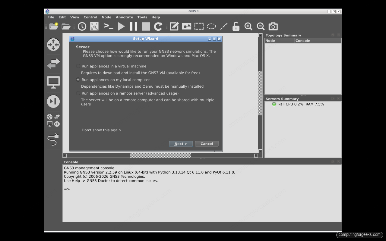 Install GNS3 on Kali Linux 2 GNS3 Setup Wizard choosing Run appliances on my local computer on Kali Linux