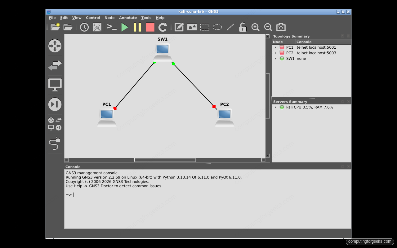 Install GNS3 on Kali Linux 3 GNS3 topology canvas with an Ethernet switch and two VPCS nodes running on Kali Linux