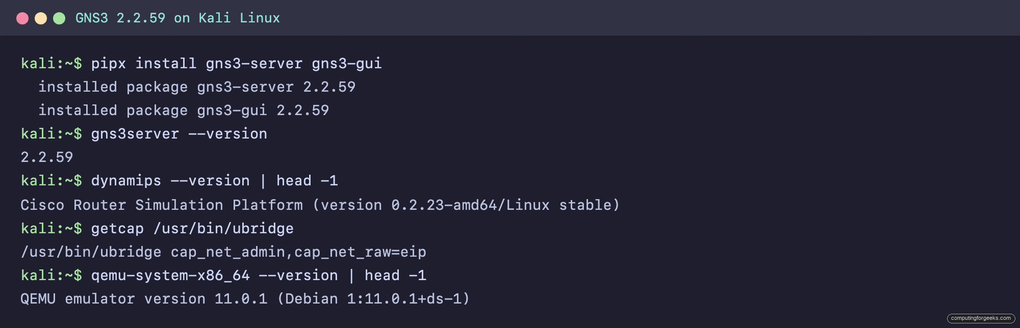 Install GNS3 on Kali Linux 1 GNS3 server, dynamips, ubridge, and QEMU version verification on Kali Linux