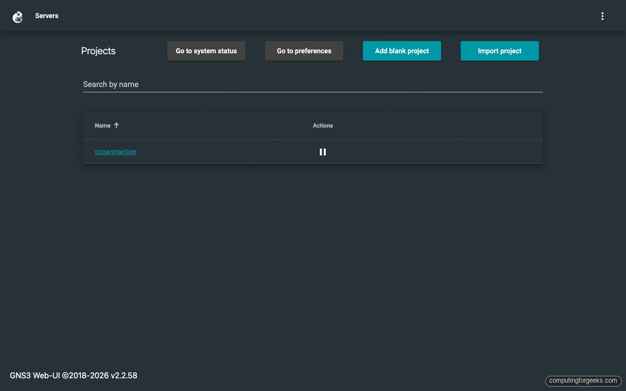 Install GNS3 on Ubuntu 26.04 / 24.04 (Server + Web UI) 2 GNS3 Web UI Projects page after install on Ubuntu 26.04