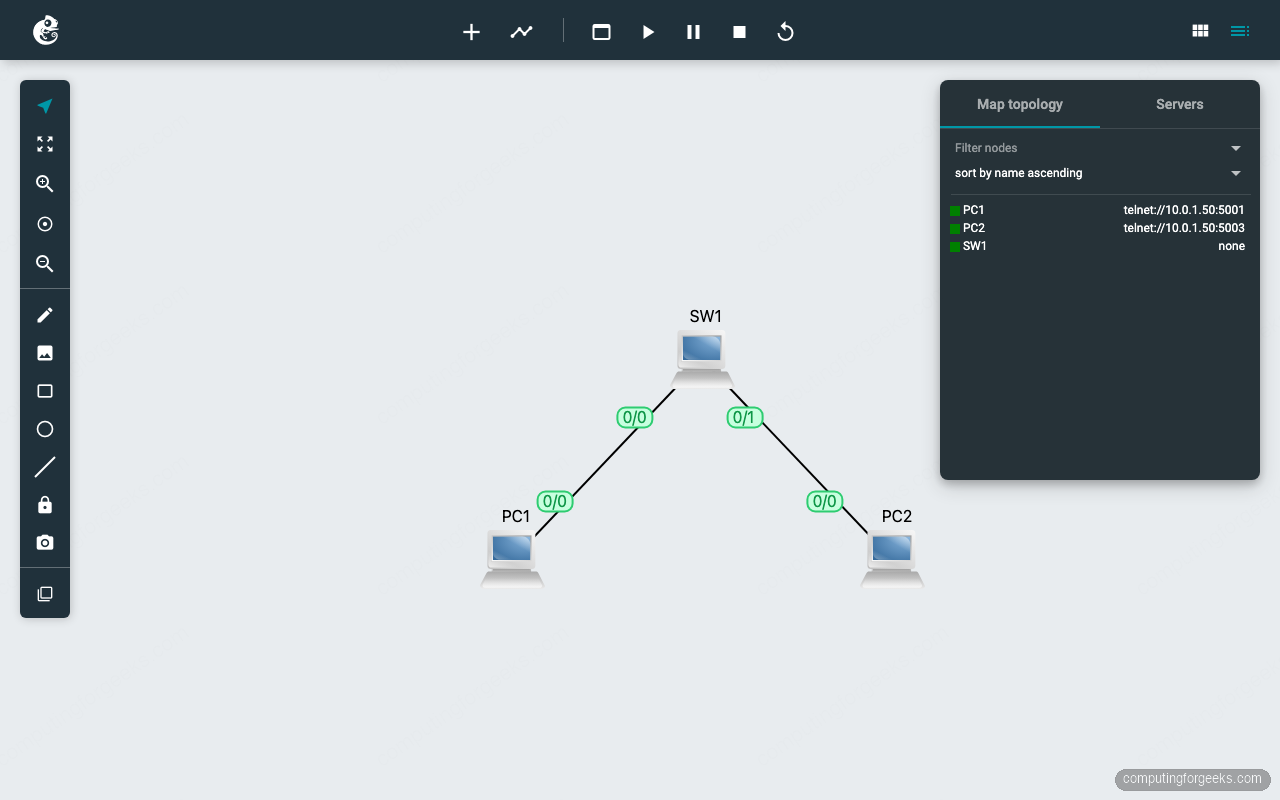Install GNS3 on Ubuntu 26.04 / 24.04 (Server + Web UI) 3 GNS3 Web UI topology canvas with an Ethernet switch and two VPCS nodes running on Ubuntu 26.04