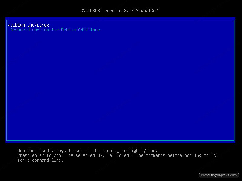 Recover a Headless Proxmox or Linux Box With an IP-KVM 2 GNU GRUB boot menu displayed over an IP-KVM console on a headless Debian server