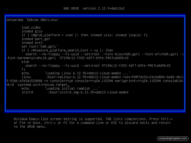 Recover a Headless Proxmox or Linux Box With an IP-KVM 3 GRUB editor with systemd.unit=rescue.target appended to the Linux kernel line