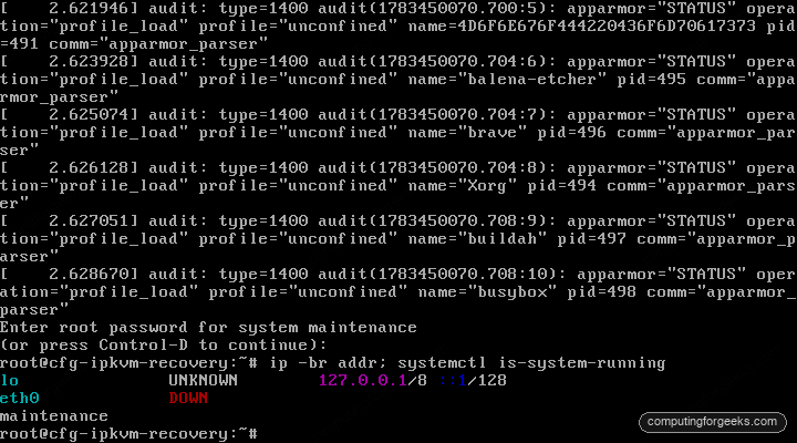 Recover a Headless Proxmox or Linux Box With an IP-KVM 4 Root maintenance shell over the console showing eth0 DOWN and systemd in maintenance mode