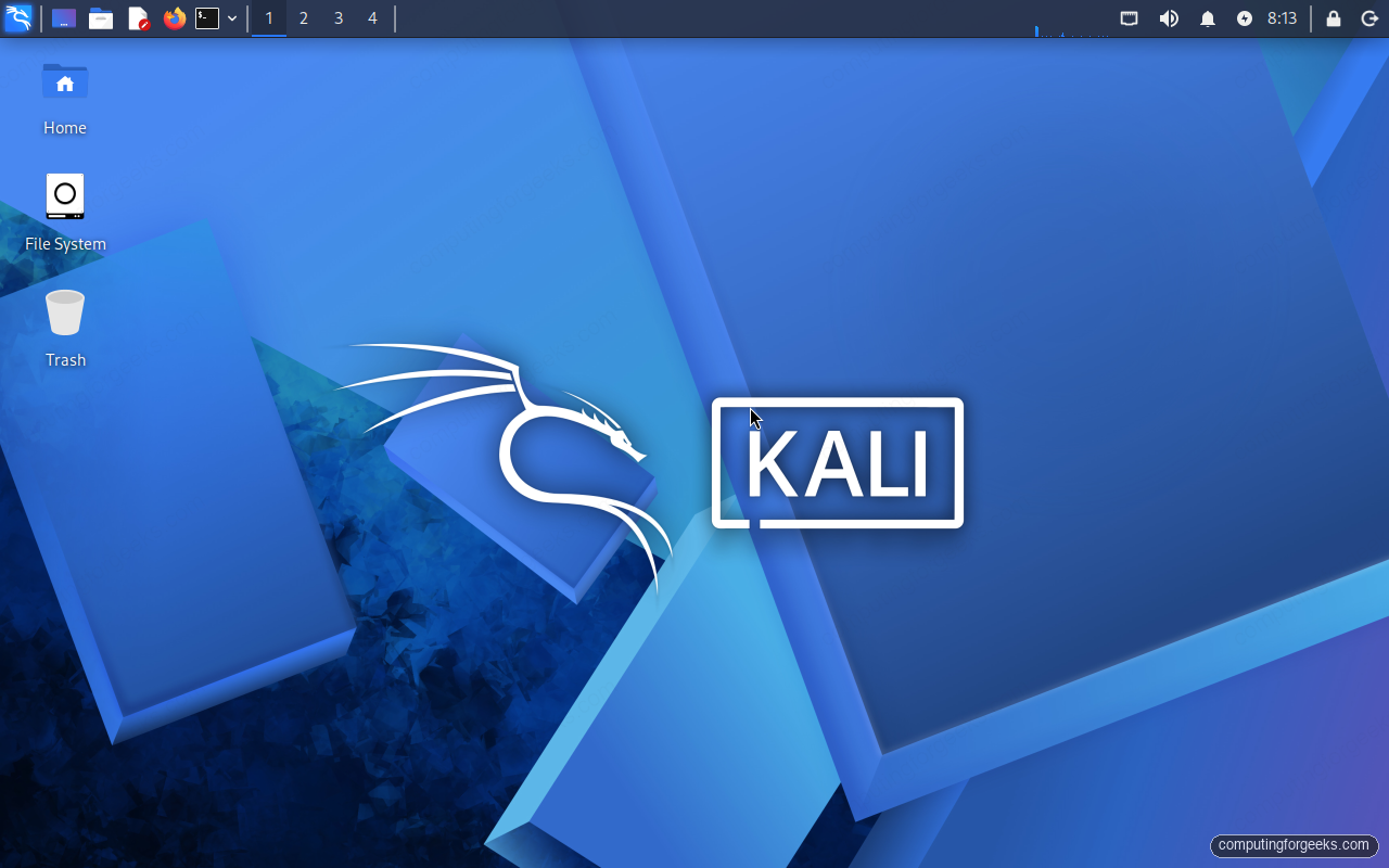 Kali Linux 2026.2 Xfce desktop with the KALI dragon wallpaper