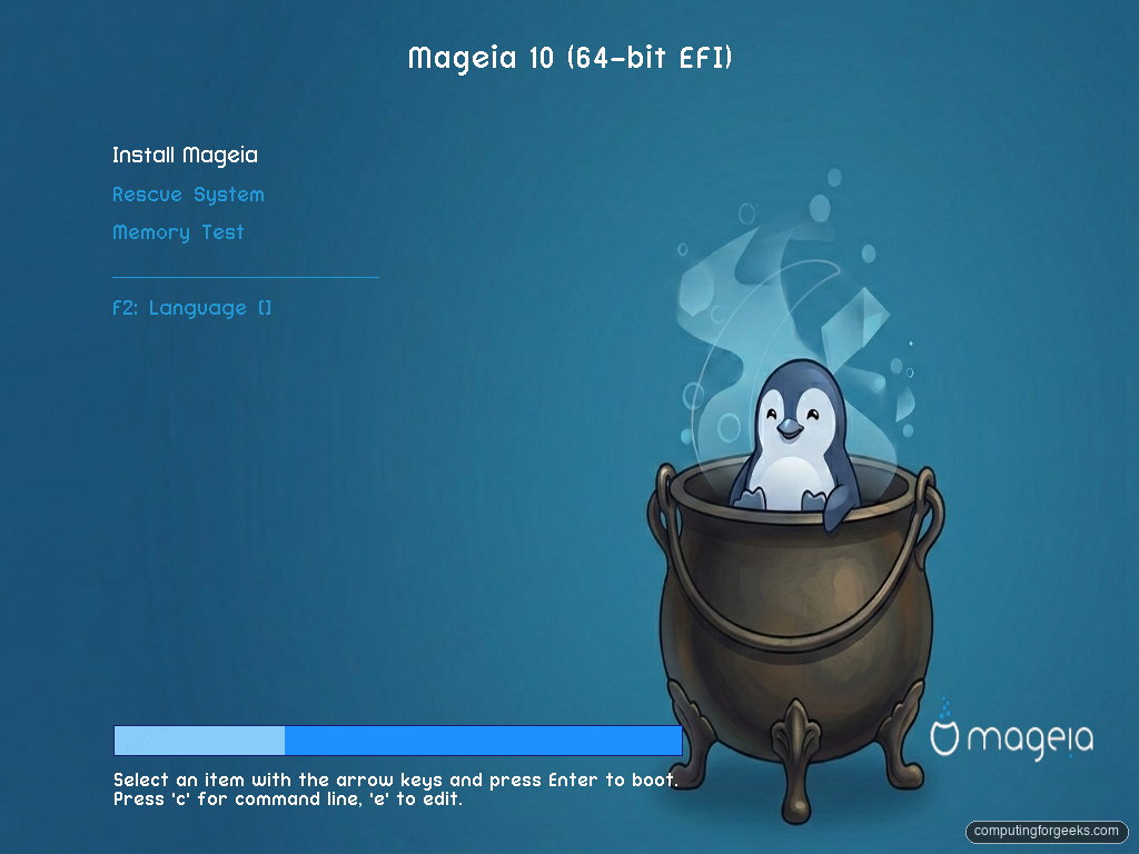 Mageia 10 UEFI boot menu with Install Mageia option