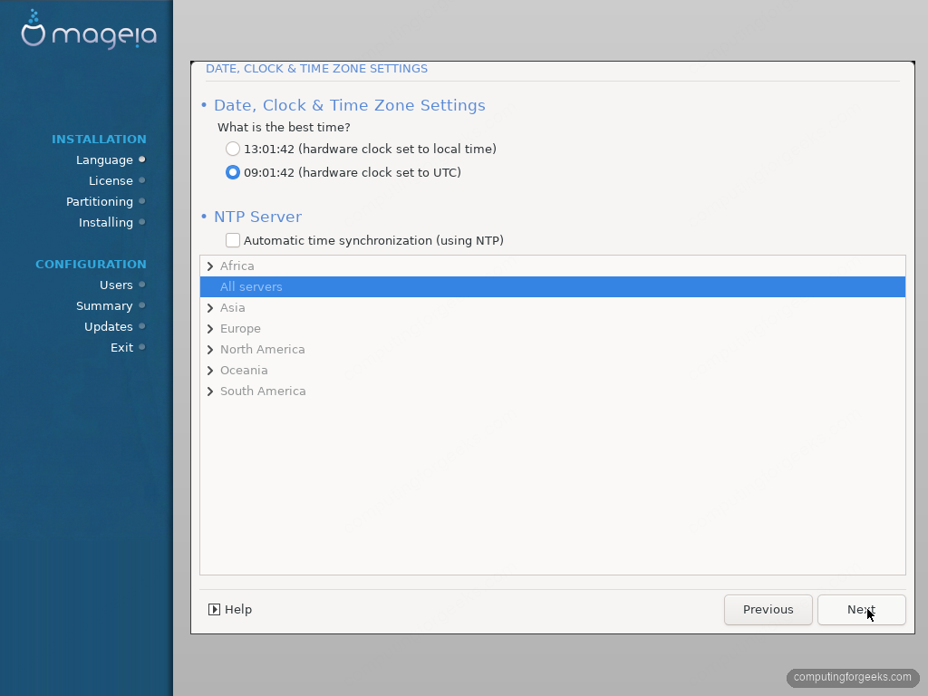 Mageia 10 clock settings with NTP synchronization enabled