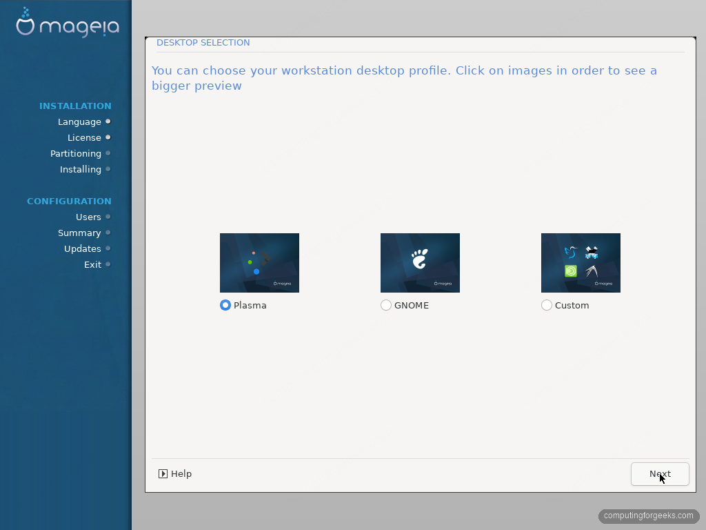 Mageia 10 desktop selection with Plasma GNOME and Custom profiles