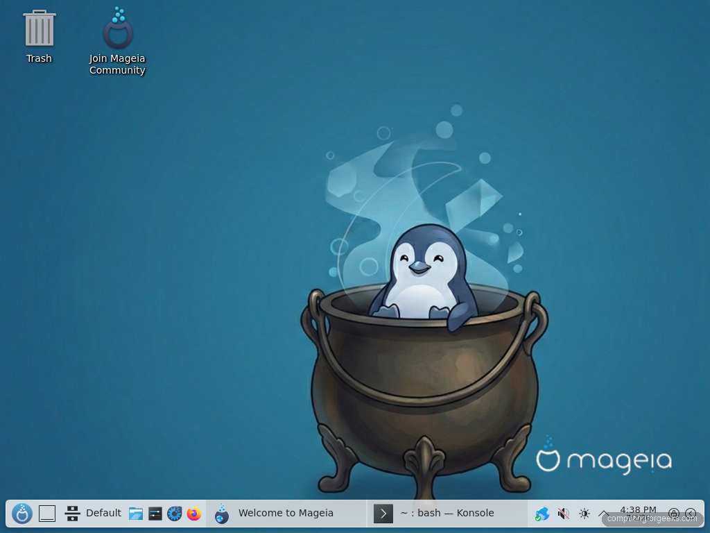 Mageia 10 KDE Plasma 6.5 desktop with default cauldron wallpaper
