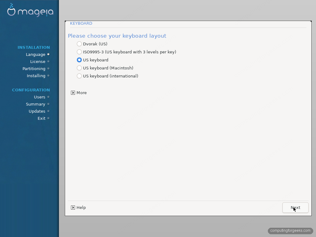 Mageia 10 keyboard layout selection screen