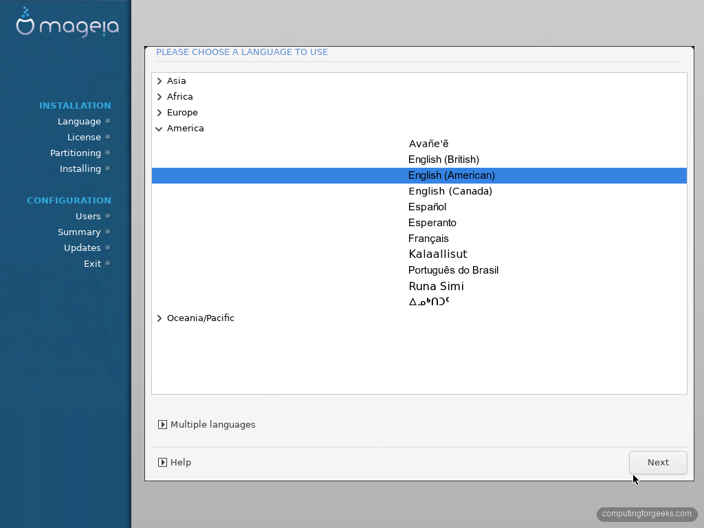 Mageia 10 DrakX installer language selection screen