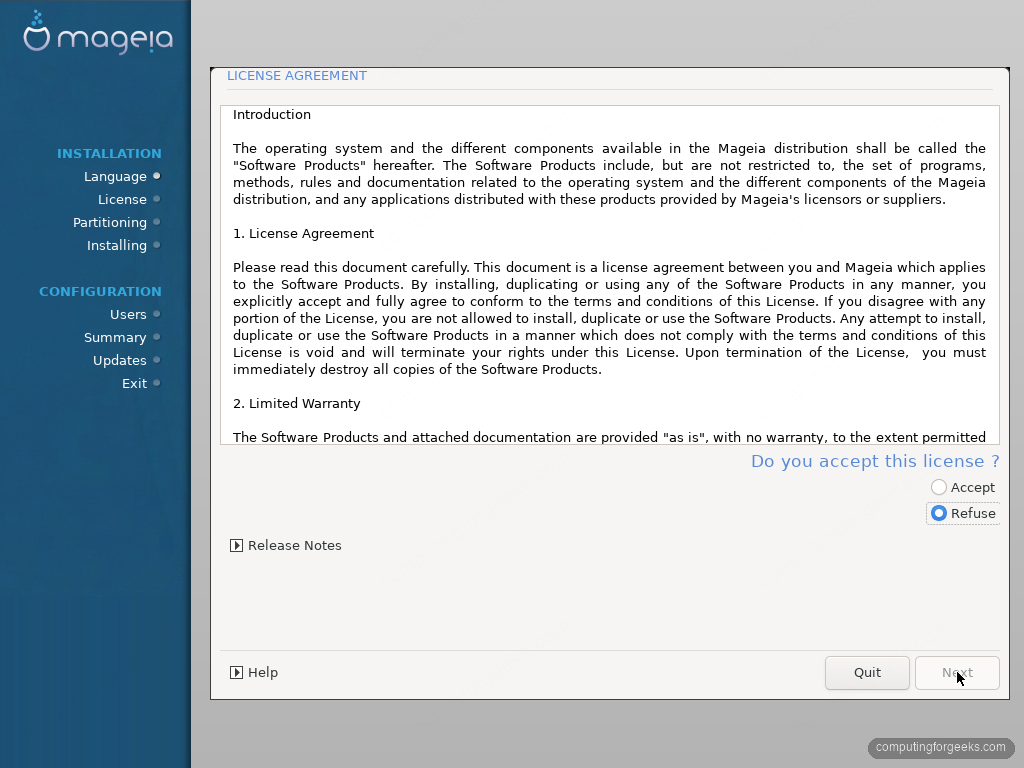 Mageia 10 license agreement screen with Accept option