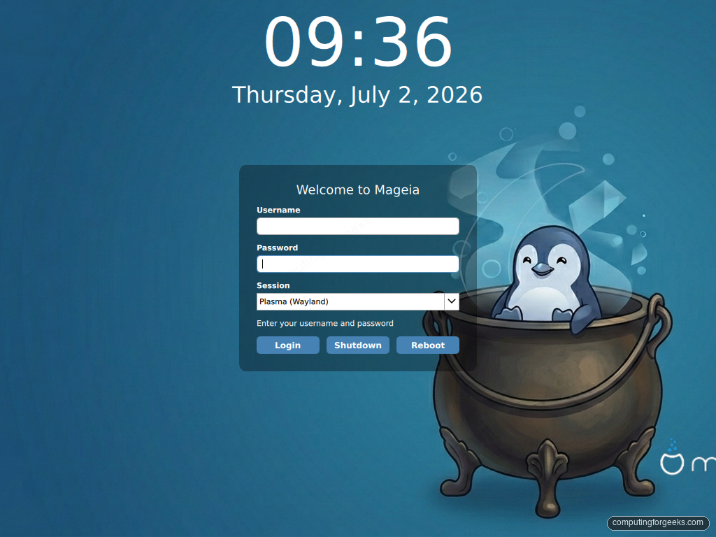 Mageia 10 SDDM login screen with Plasma Wayland session
