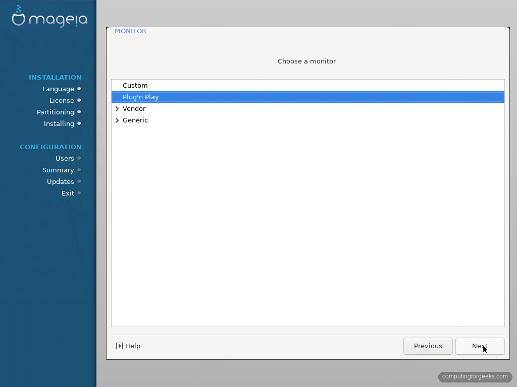 Mageia 10 monitor selection screen on a virtual machine