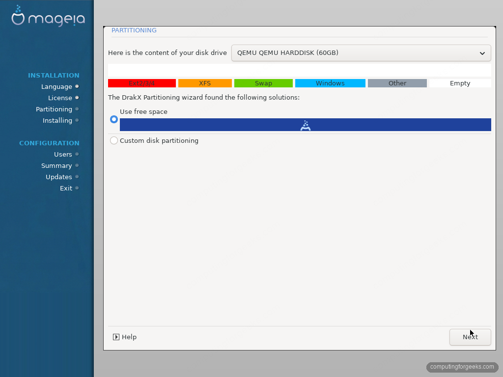 Mageia 10 DrakX partitioning wizard with Use free space option
