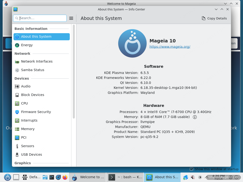 Mageia 10 Plasma Info Center showing Plasma 6.5.5, Frameworks 6.22, Qt 6.10 on Wayland