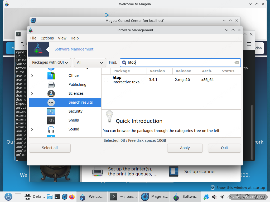 rpmdrake package manager in Mageia 10 showing a package search