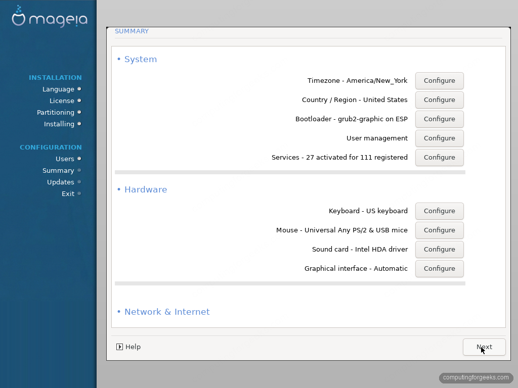 Mageia 10 installation summary and configuration screen