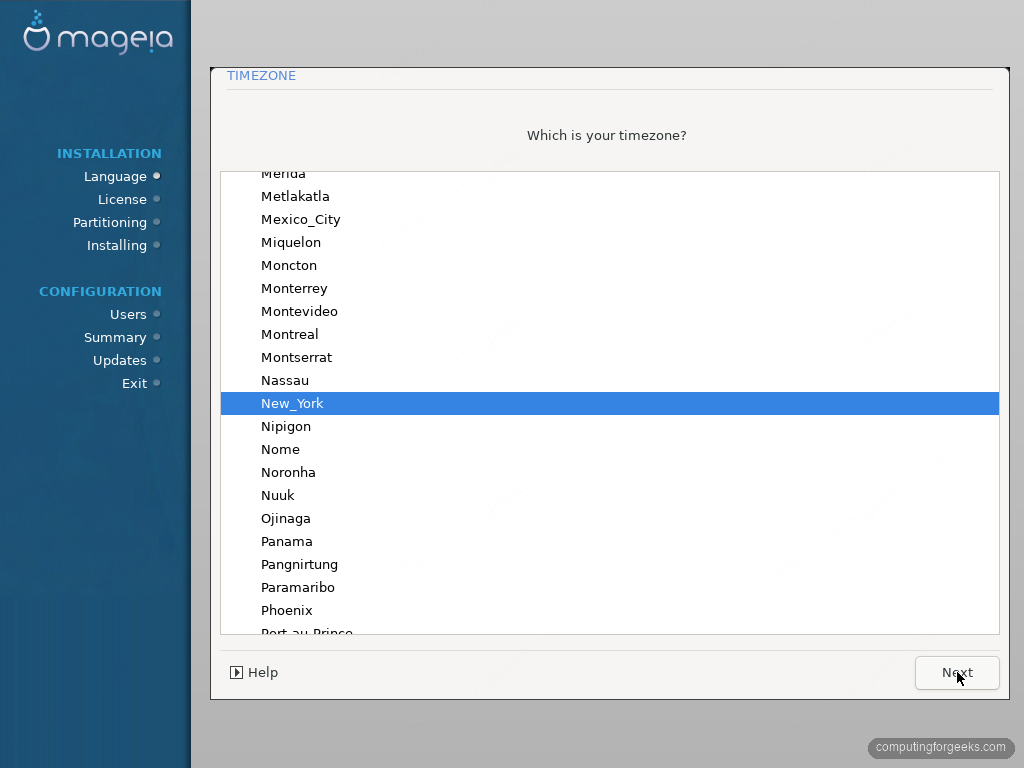 Mageia 10 timezone selection screen